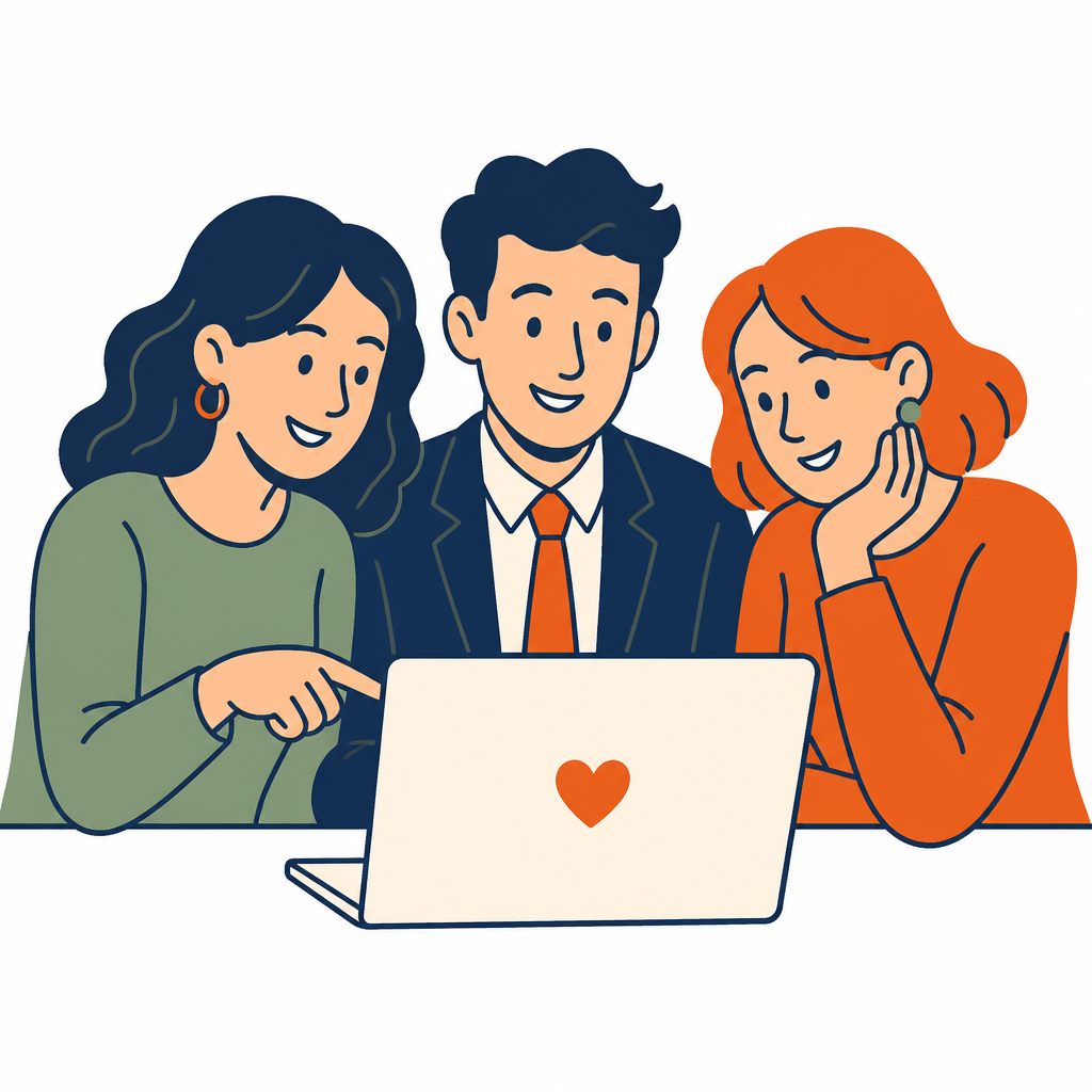 Illustration of school staff and students collaborating around a laptop