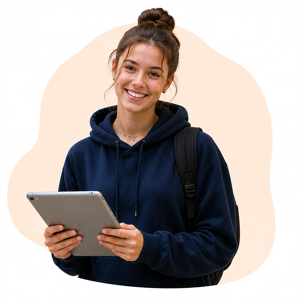 Smiling student holding a tablet